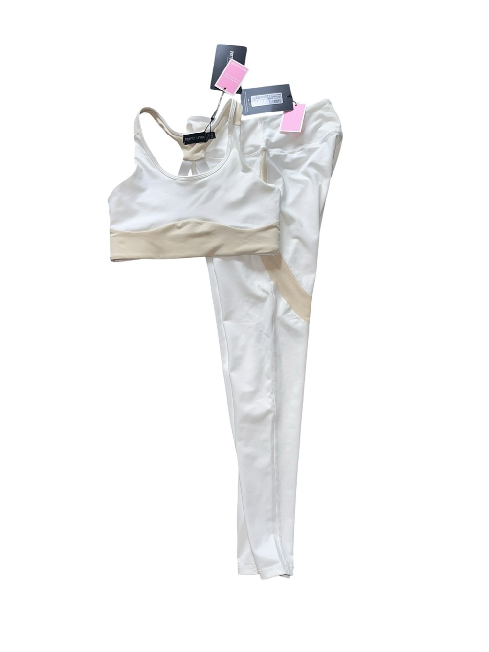 PrettyLittleThing White & Beige High-Rise Leggings with Matching Sports Bra